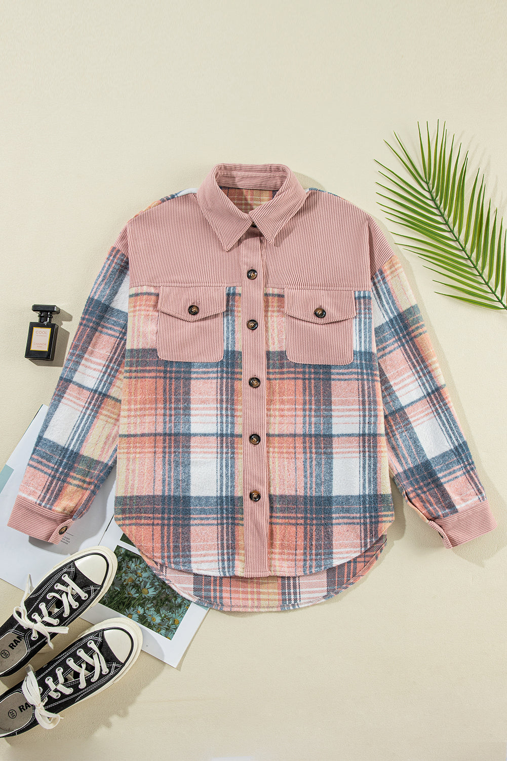 Light Pink Plaid Corduroy Patchwork Chest Pocket Shacket