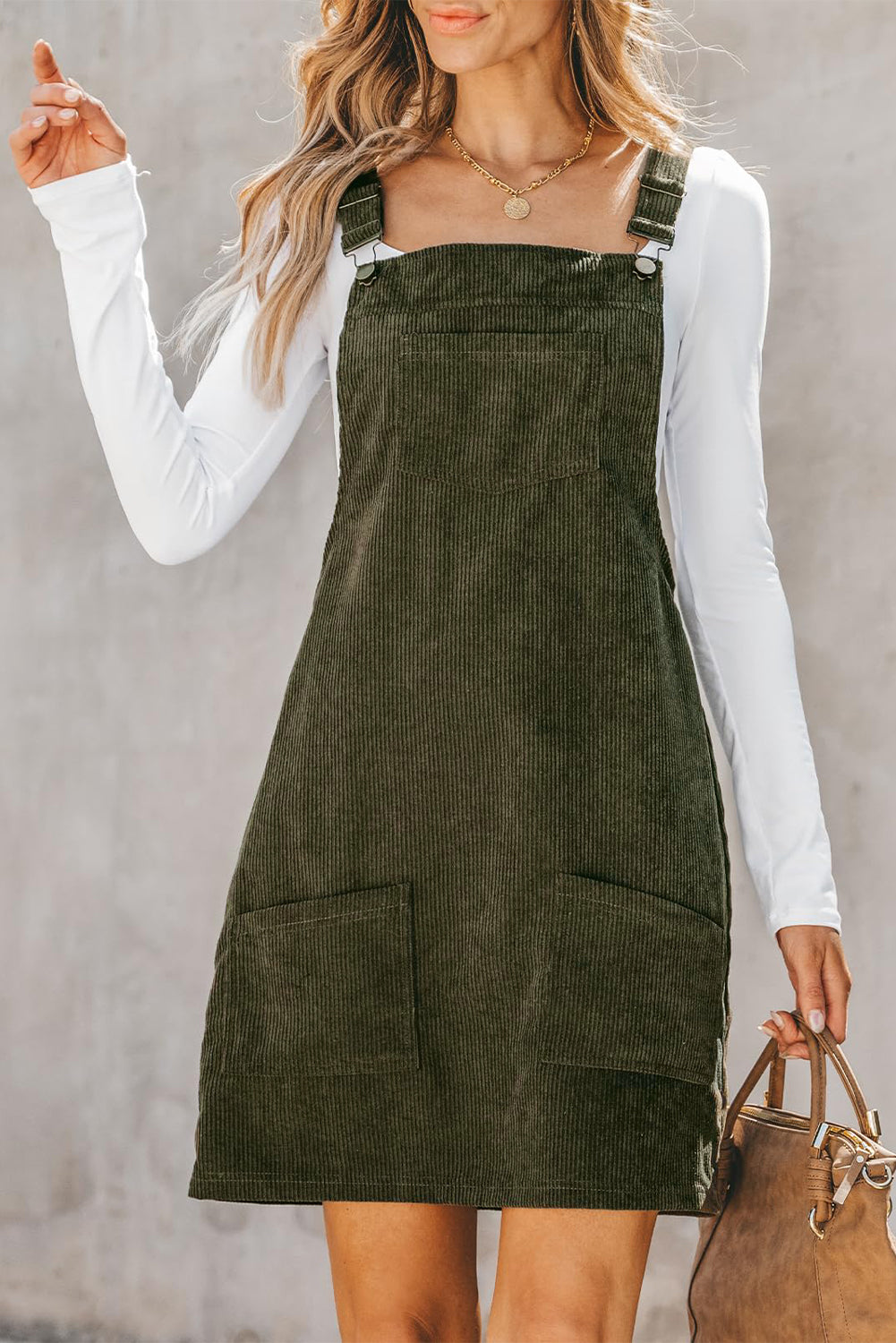 Cinnamon Solid Front Pockets Sleeveless Corduroy Overall Dress