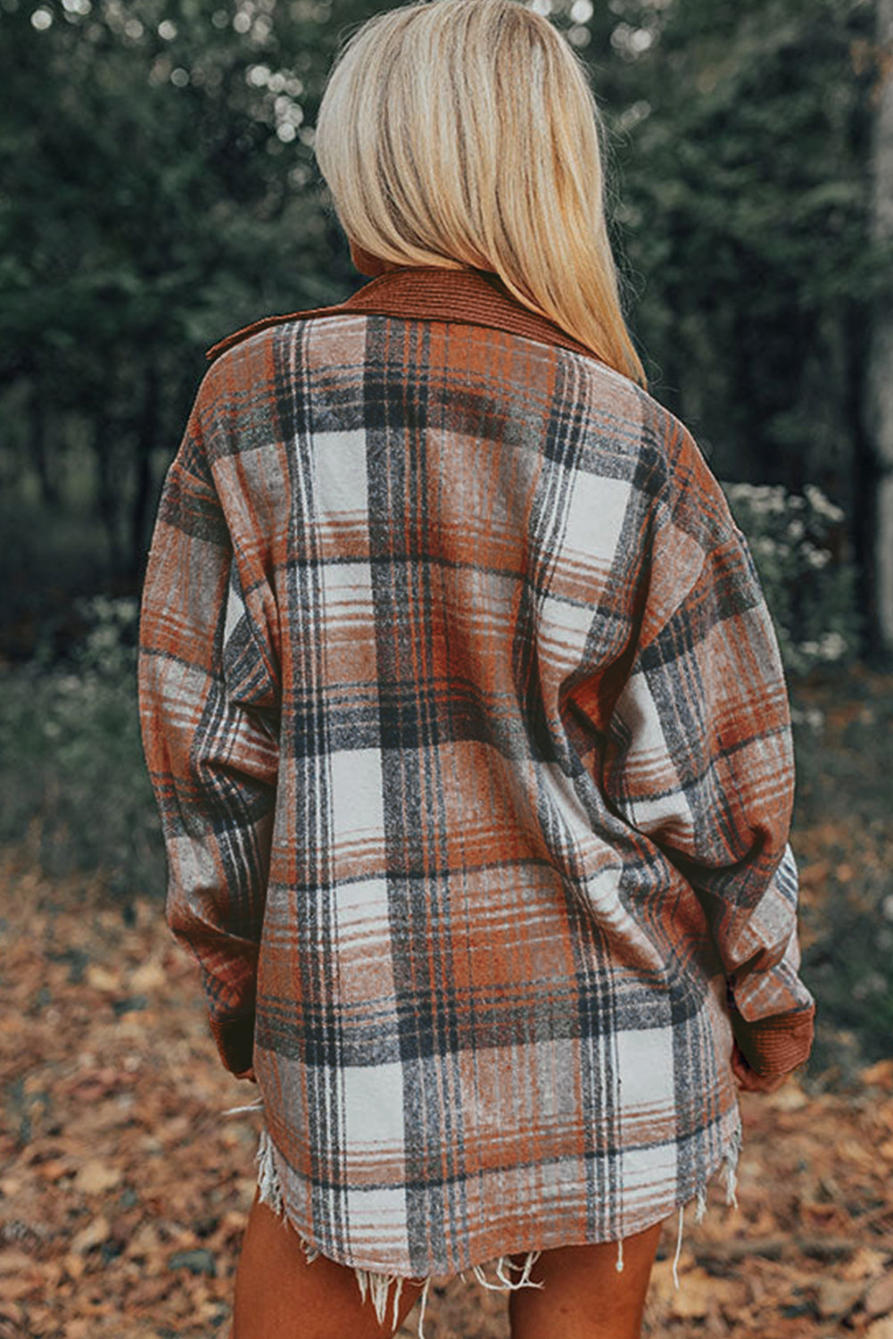 Light Pink Plaid Corduroy Patchwork Chest Pocket Shacket