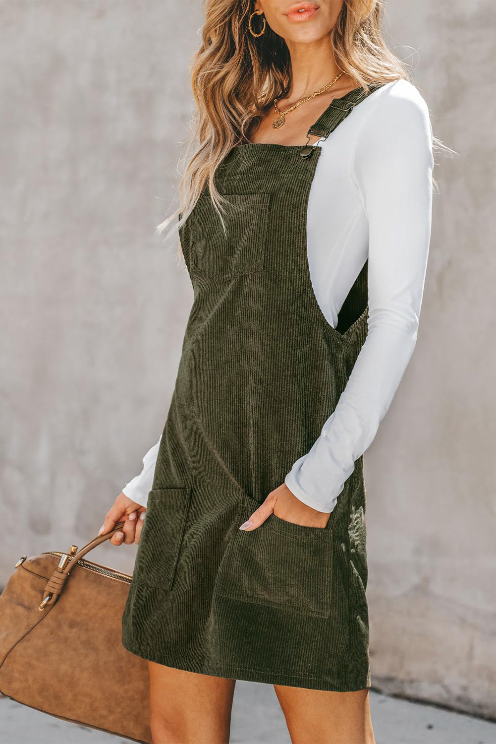 Cinnamon Solid Front Pockets Sleeveless Corduroy Overall Dress