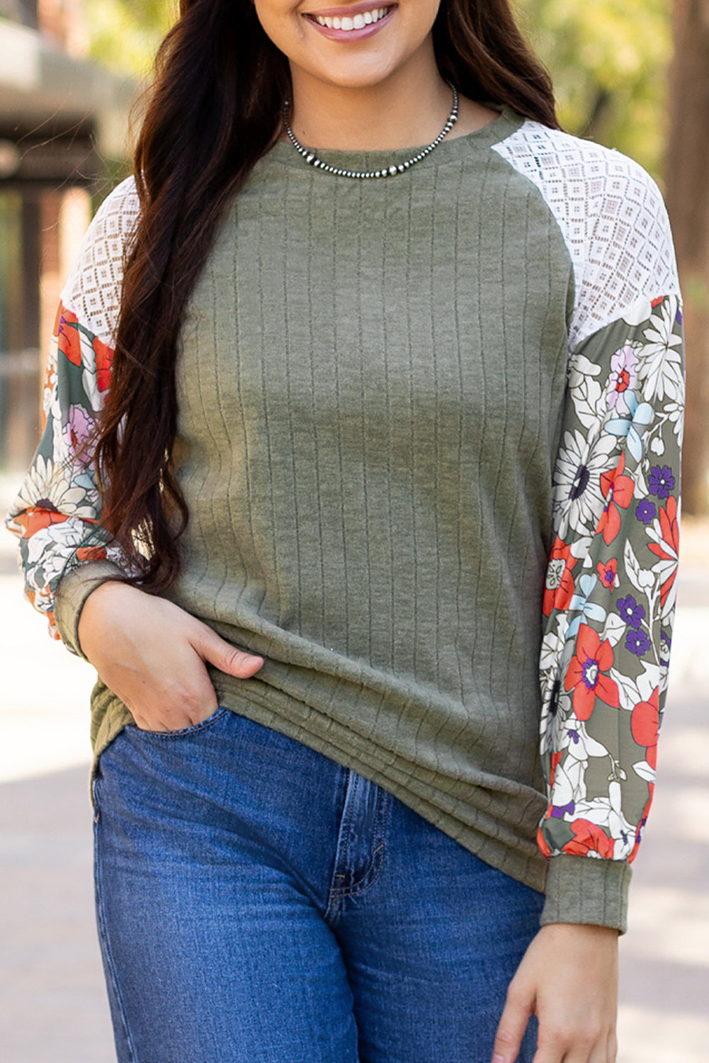 Black Floral Patchwork Long Sleeve Ribbed Blouse