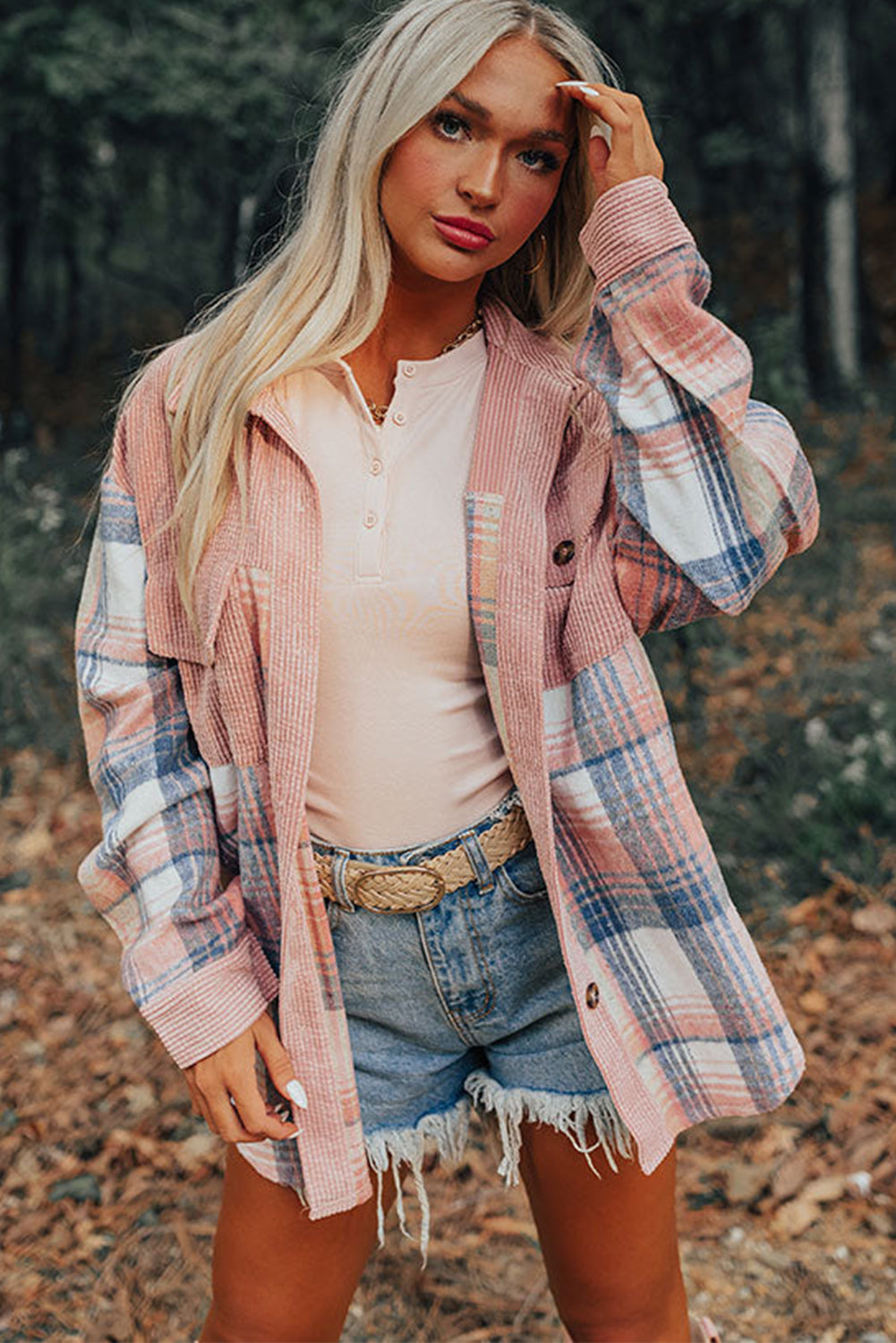 Light Pink Plaid Corduroy Patchwork Chest Pocket Shacket