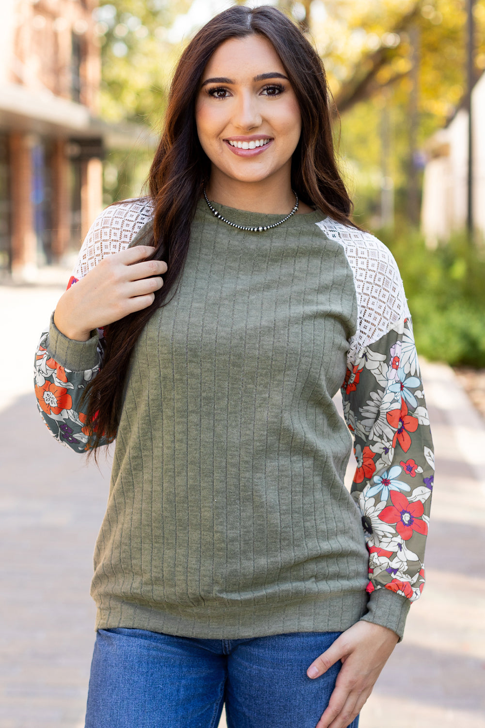 Black Floral Patchwork Long Sleeve Ribbed Blouse