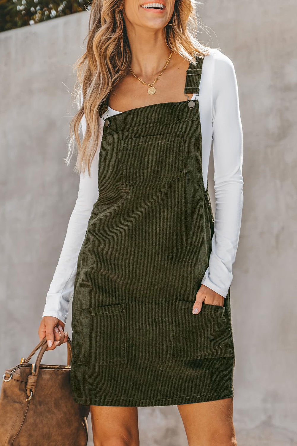 Cinnamon Solid Front Pockets Sleeveless Corduroy Overall Dress