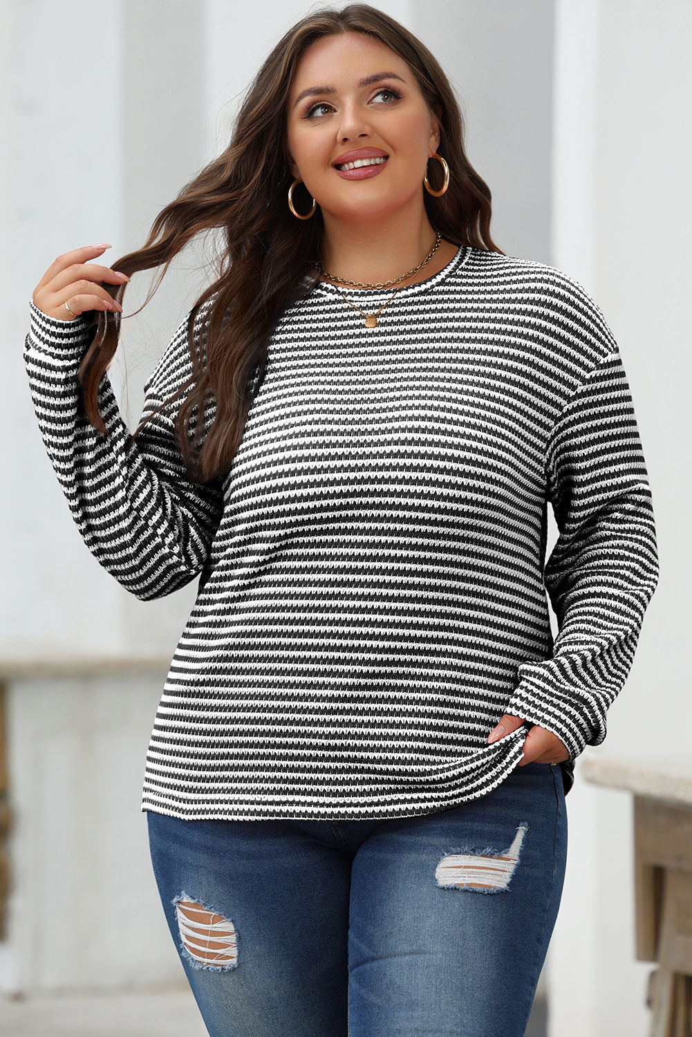 Black Stripe Round Neck Drop Shoulder Long Sleeve Top