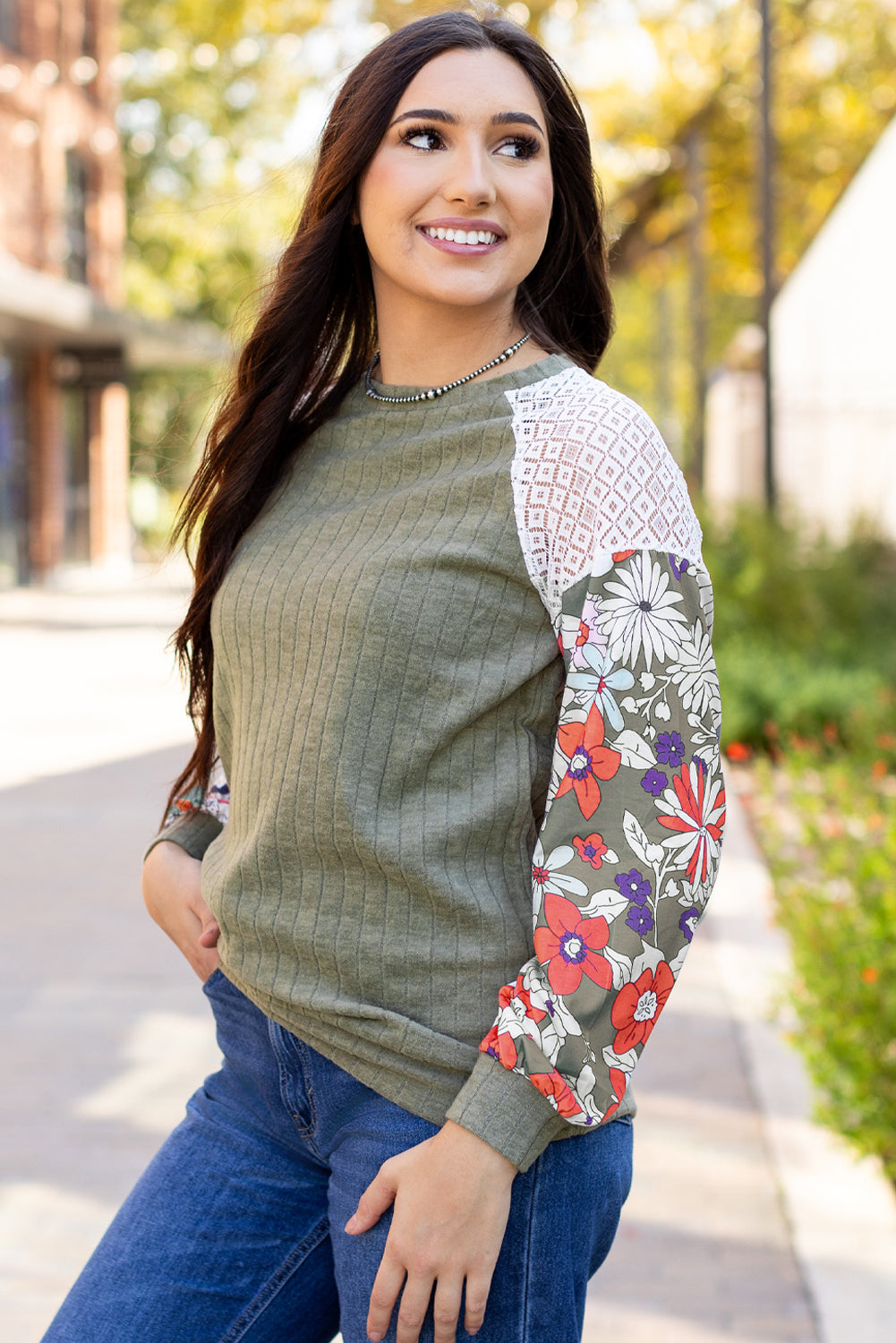 Black Floral Patchwork Long Sleeve Ribbed Blouse